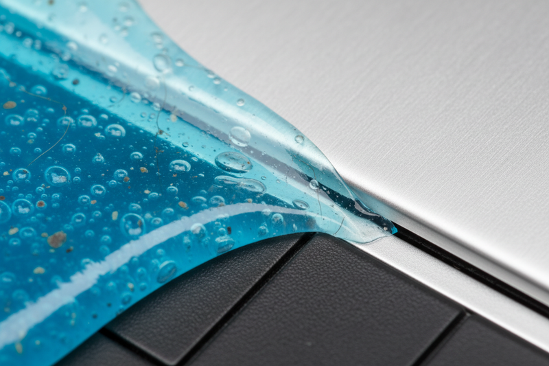 light blue transparent cleaning putty being used to clean a tight crevice
